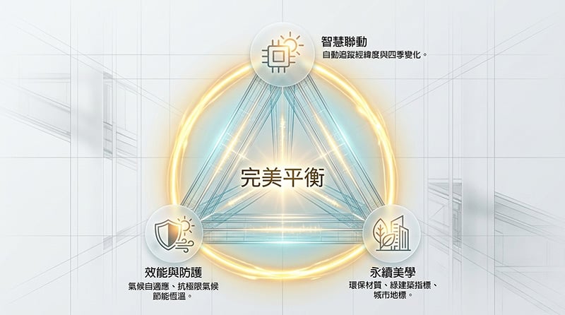 智慧外牆可自動追蹤經緯度做四季變化，除了節能省電，可變動的外觀讓它成為建築地標