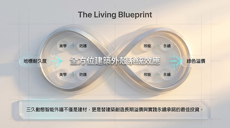 多功能的三久動態智能外牆，因節能省電的ESG永續性與可變動的地標性外觀，可期望為建築增加綠色溢價。