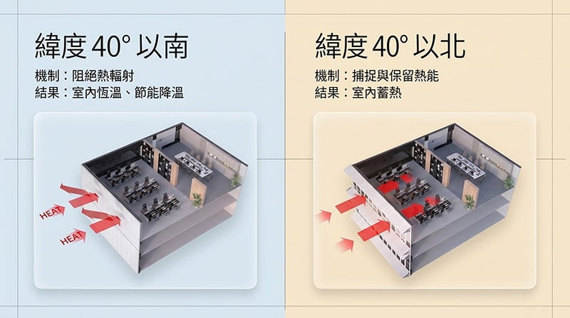 智慧外牆隨著經緯度變化開合，達到隔熱與蓄熱，兼顧節能、省電、採光、建築外觀等多項功能。