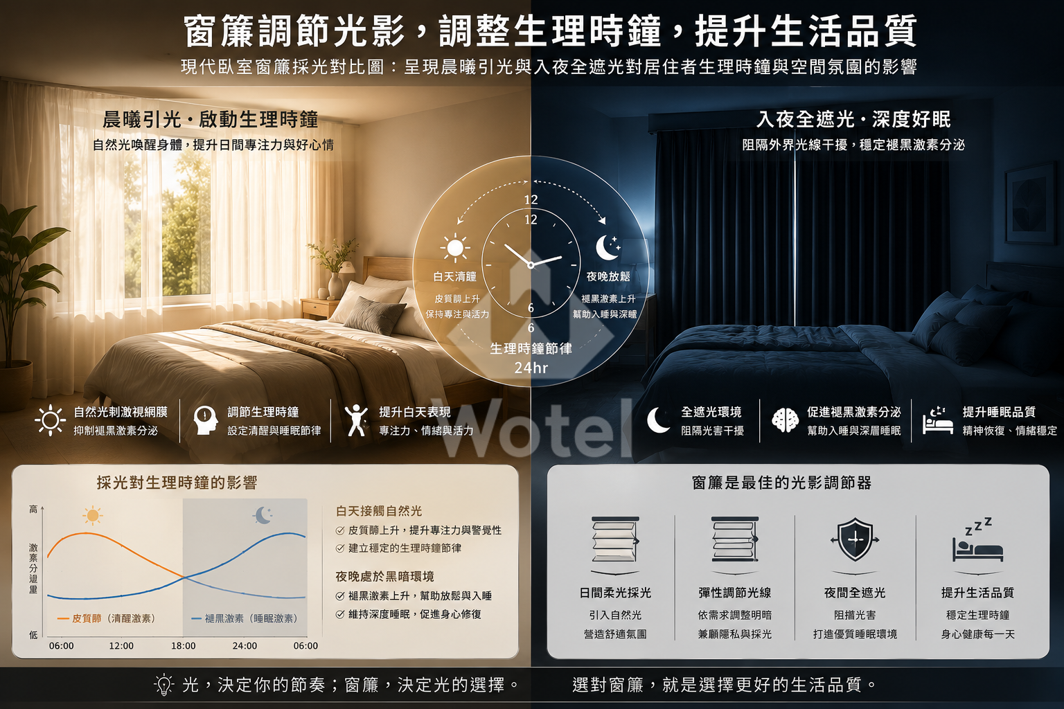 窗簾採光對生理時鐘影響對比圖：晴簾坊解析晨曦引光提升專注力與入夜全遮光穩定褪黑激素的助眠機能。