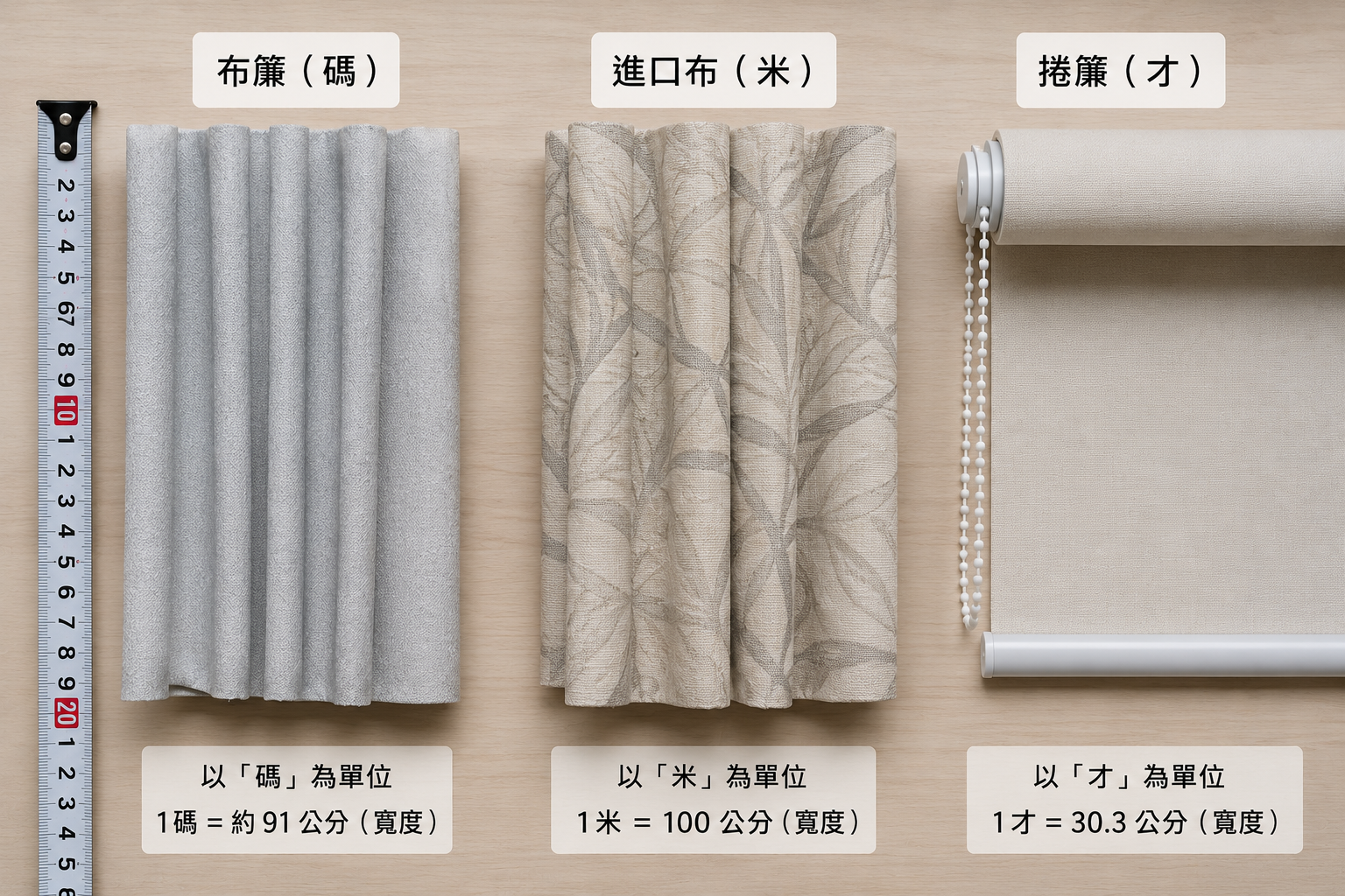 窗簾計價單位比較圖:傳統布簾(碼)、進口布(米)與捲簾(才)的寬度換算與長度標示。