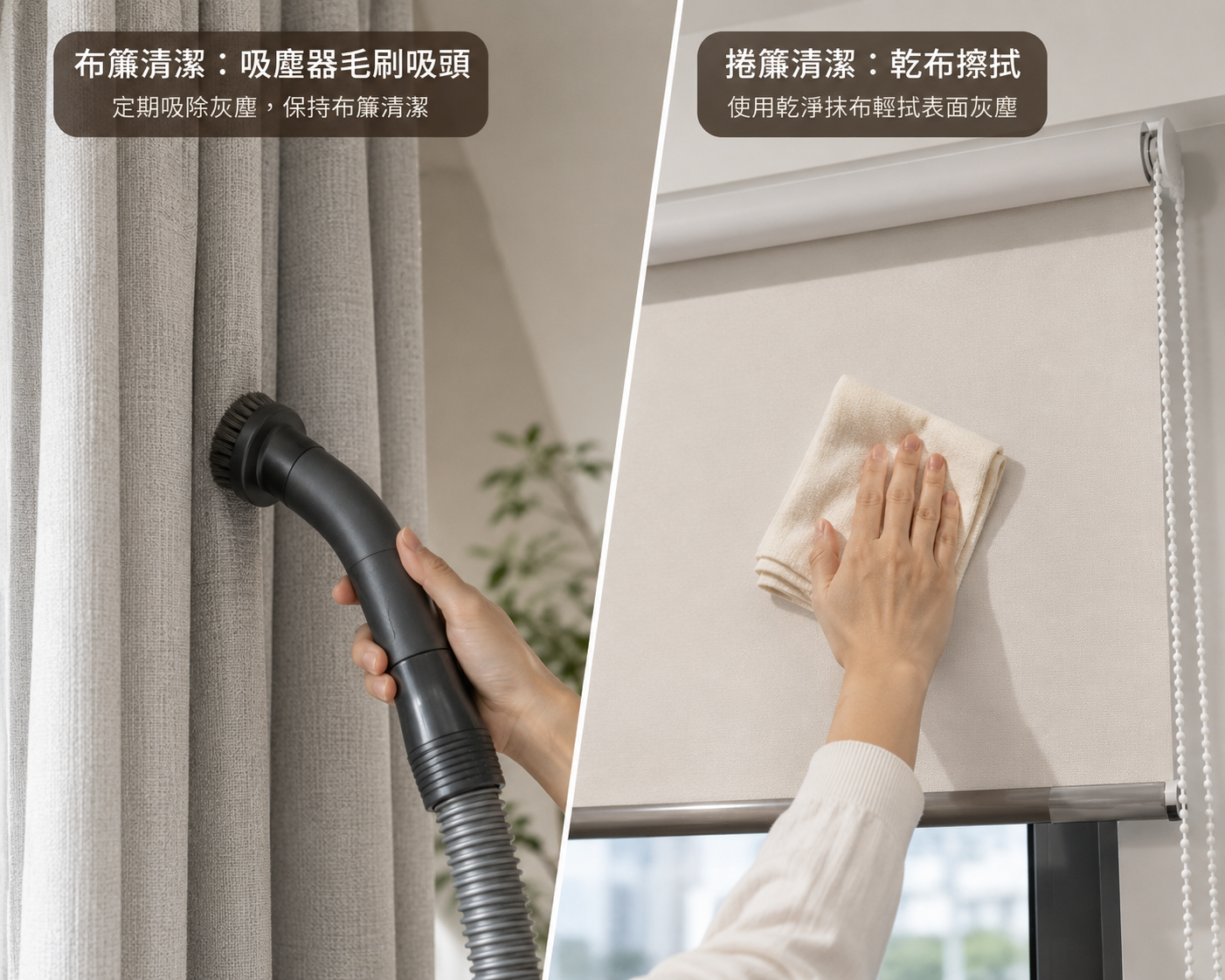 窗簾清潔維護教學:左圖布簾使用吸塵器毛刷吸頭除塵,右圖捲簾使用乾布輕拭表面灰塵。