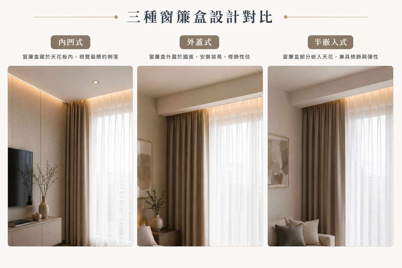 三種窗簾盒設計美學對比:展示藏於天花板內的「內凹式」、外露於牆面的「外蓋式」以及結合冷氣包管的「半嵌入式」窗簾盒,展現不同室內設計風格之視覺美感。