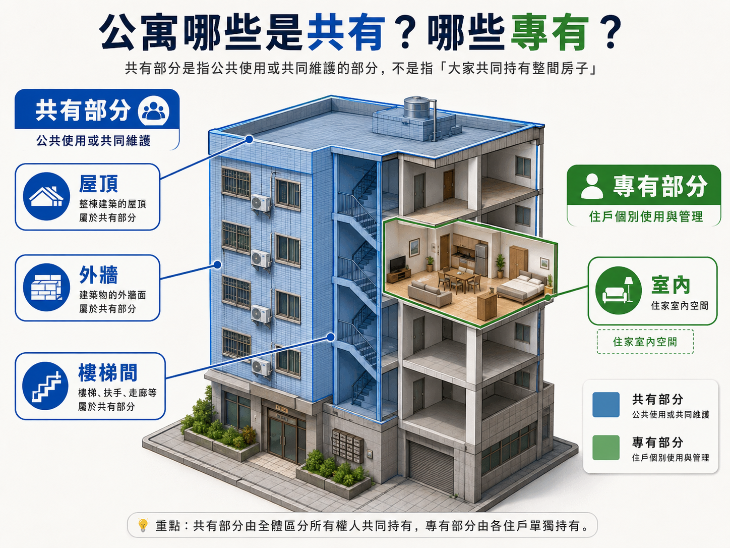公寓共有部分與專有部分示意，說明屋頂、外牆、樓梯間與室內空間的修繕範圍差異