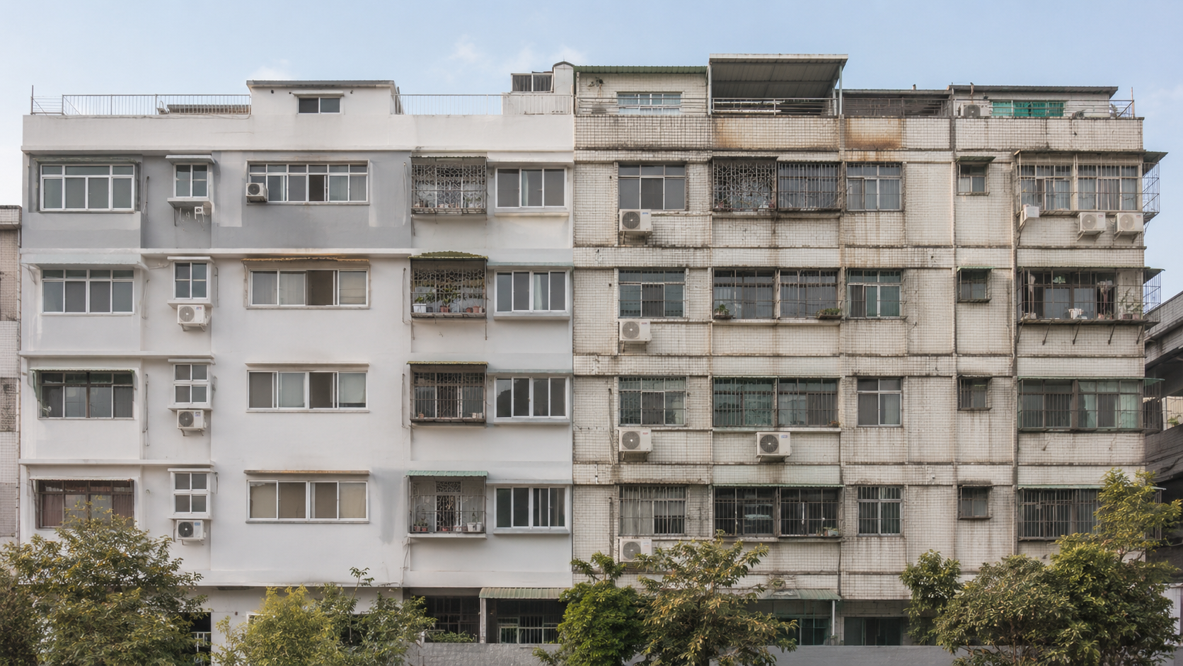 台灣老公寓外觀照片，部分區域已完成修繕、部分仍保留老化痕跡，呈現尋找專業廠商評估與修繕的情境。