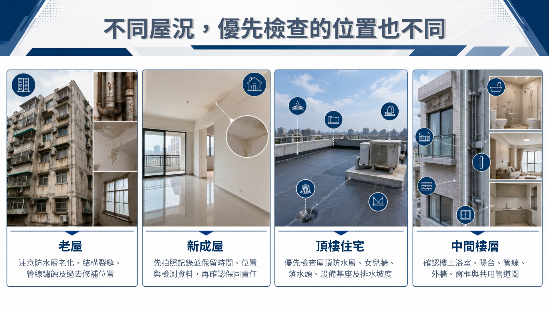 老屋、新成屋、頂樓與中間樓層住宅的漏水處理重點及優先檢查位置比較。