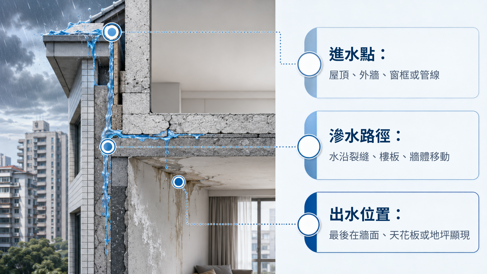 住宅漏水剖面圖說明進水點、滲水路徑與出水位置不一定相同。