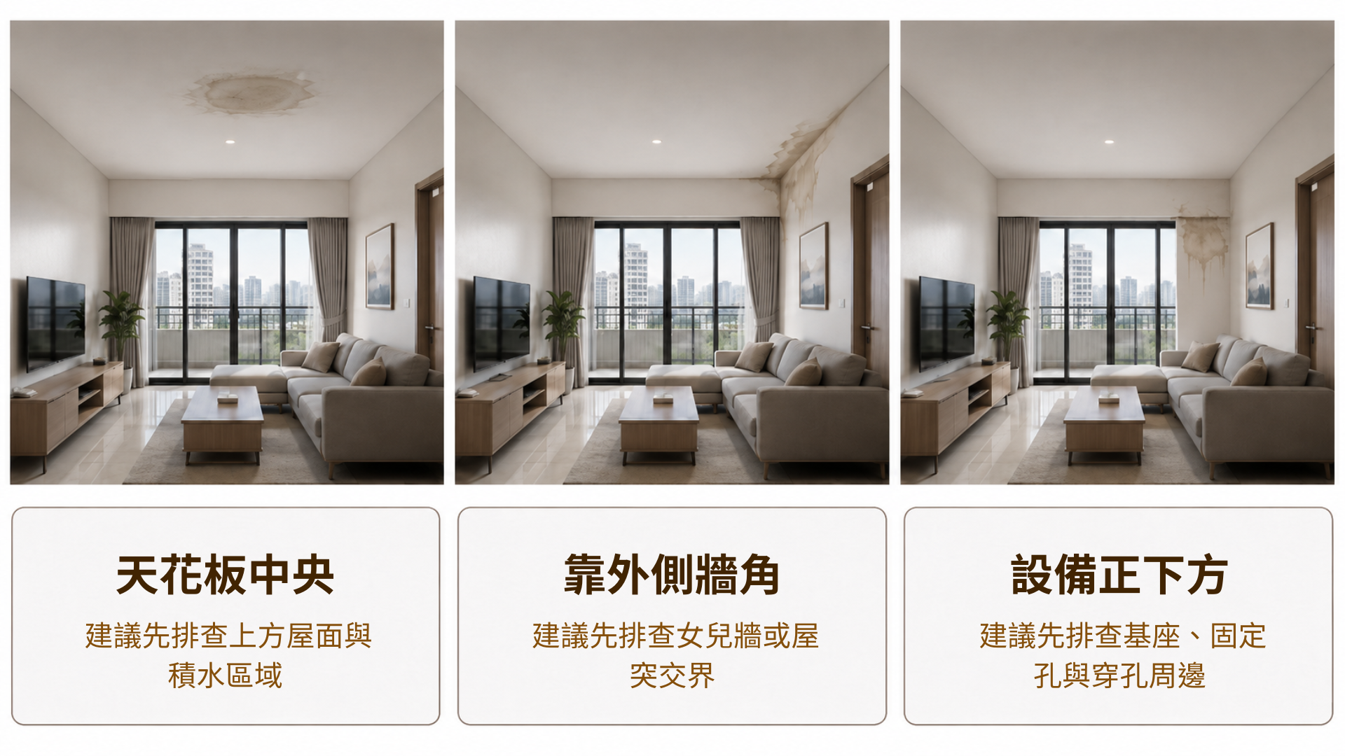 室內天花板中央、外側牆角與設備正下方水痕對照，呈現不同屋頂漏水排查方向。