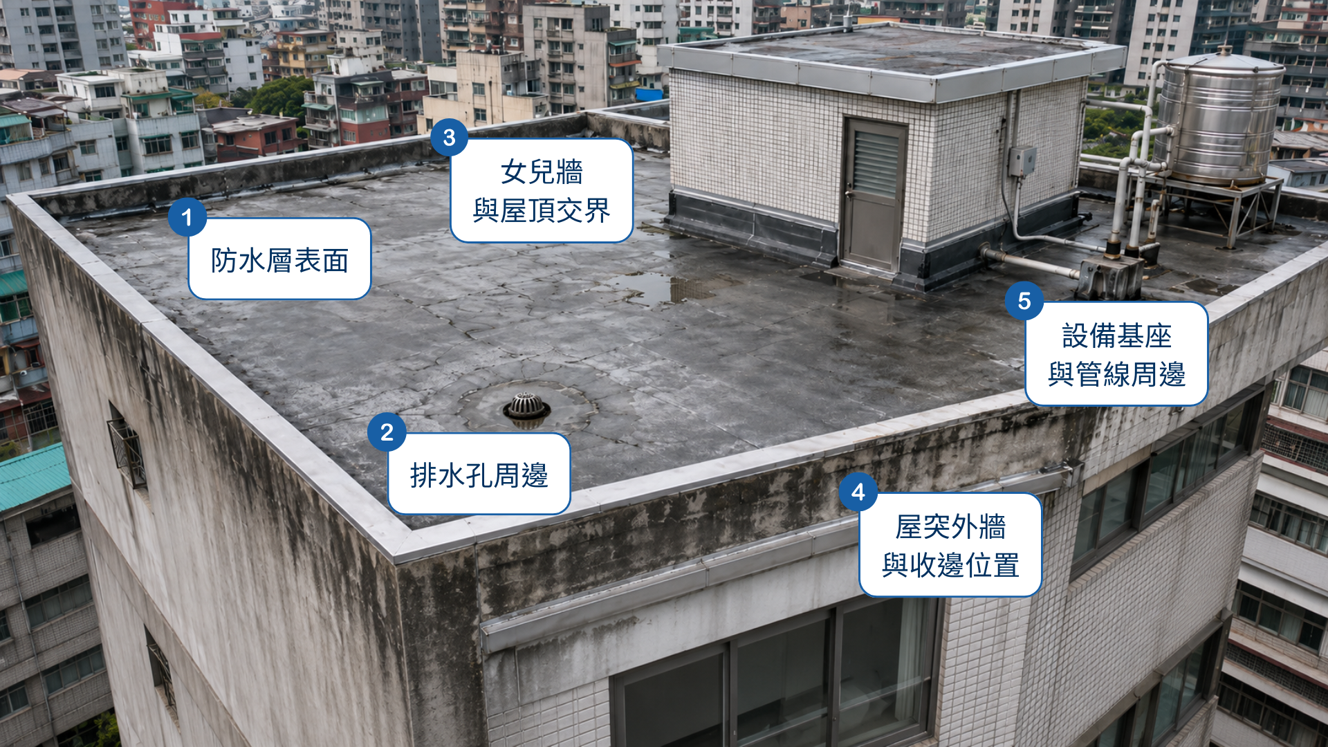台灣平屋頂示意圖標出防水層、排水孔、女兒牆、屋突與設備基座等常見進水位置。