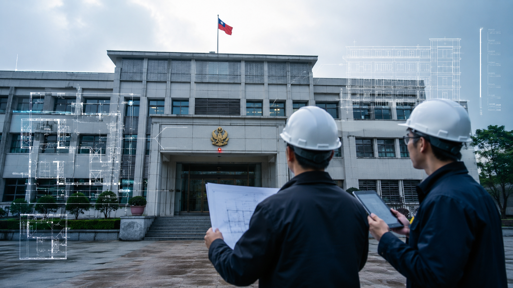 建築師與管理人員在警政機關現場檢查圖面與空間狀況，說明修繕前需先做安全與使用機能評估，而非直接施工。