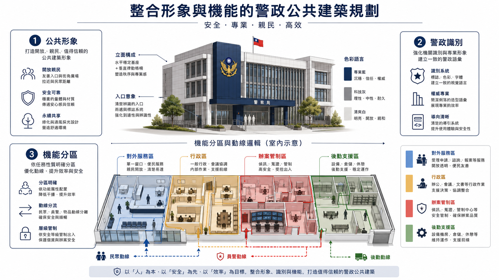 警政機關機能分區示意圖，說明對外服務、辦公、辦案與後勤空間若分區清楚，可減少互相干擾並提升使用效率。