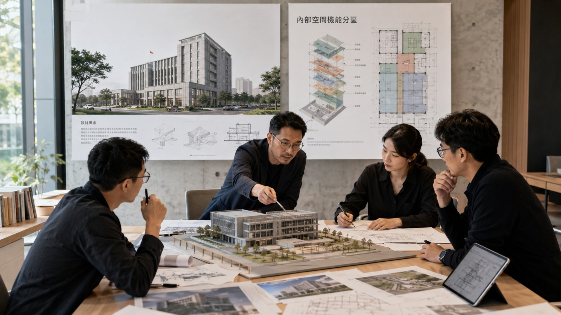 建築師團隊檢視警政機關建築模型與圖面，示意如何整合外觀形象設計與內部機能分區。