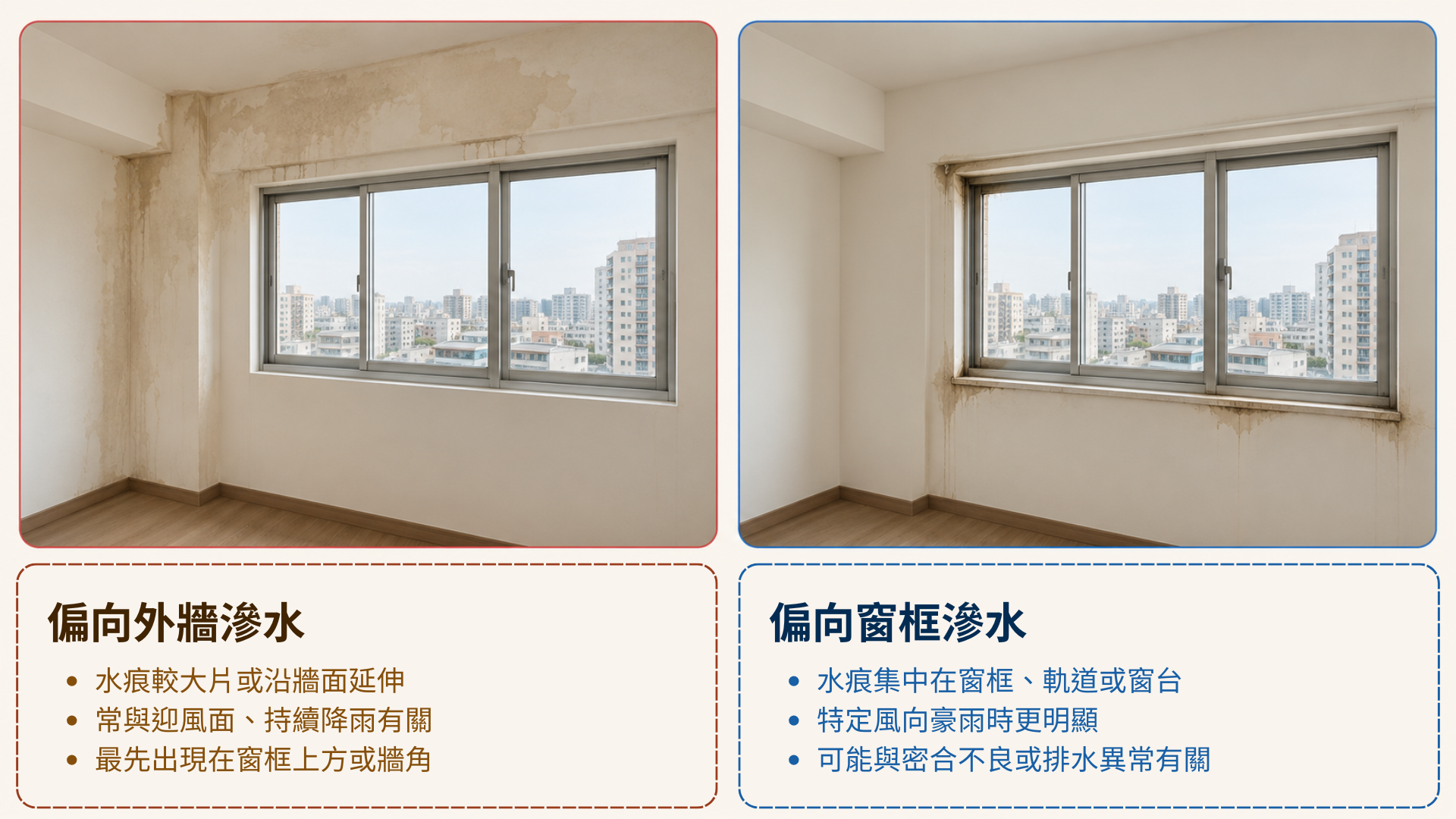 室內牆面大片水痕與窗框角落集中水痕的對照圖，用來初步分辨外牆與窗框方向。