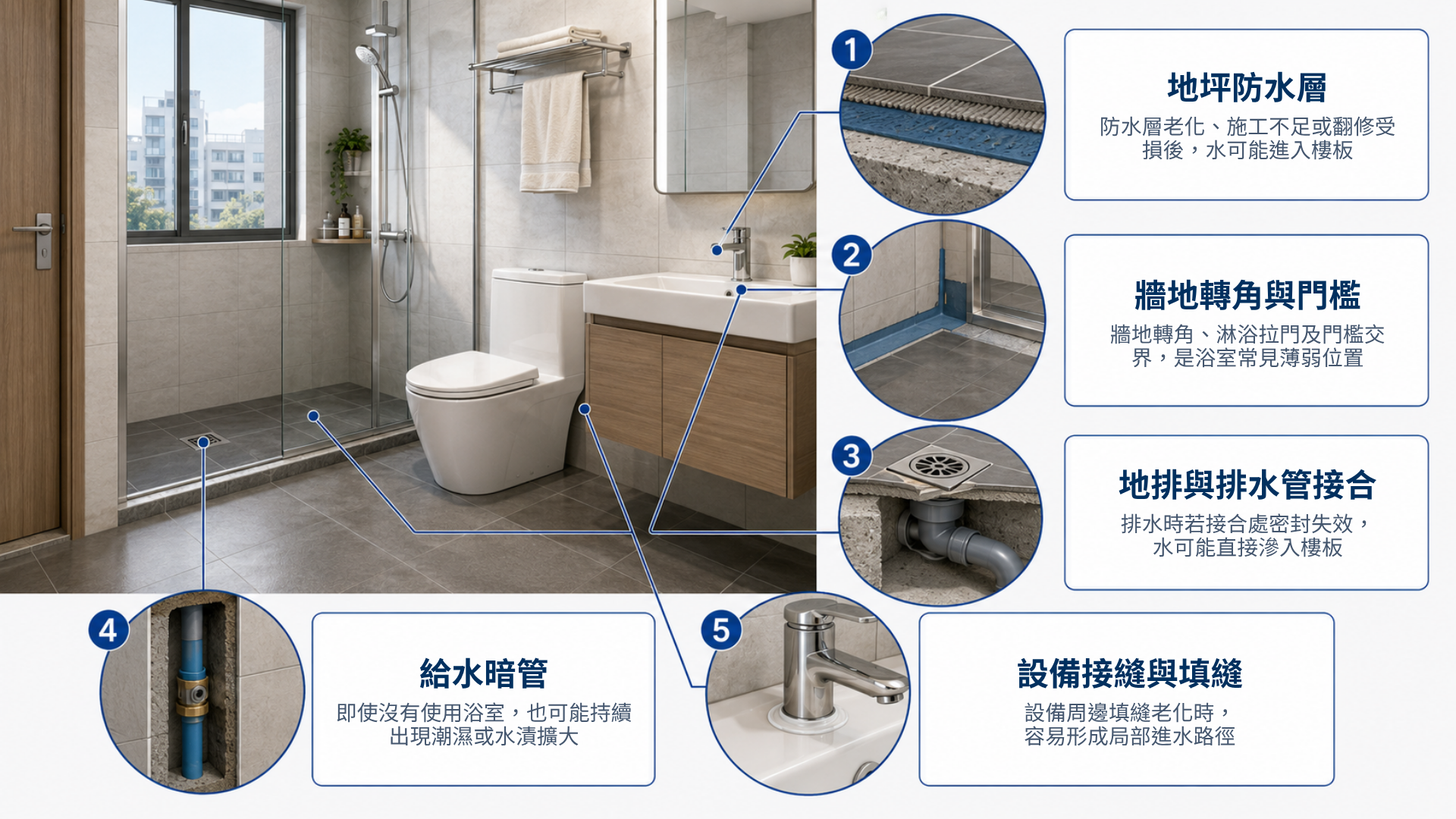 浴室透視圖標出地坪防水層、地排、給水暗管、門檻與設備接縫等常見漏水來源。