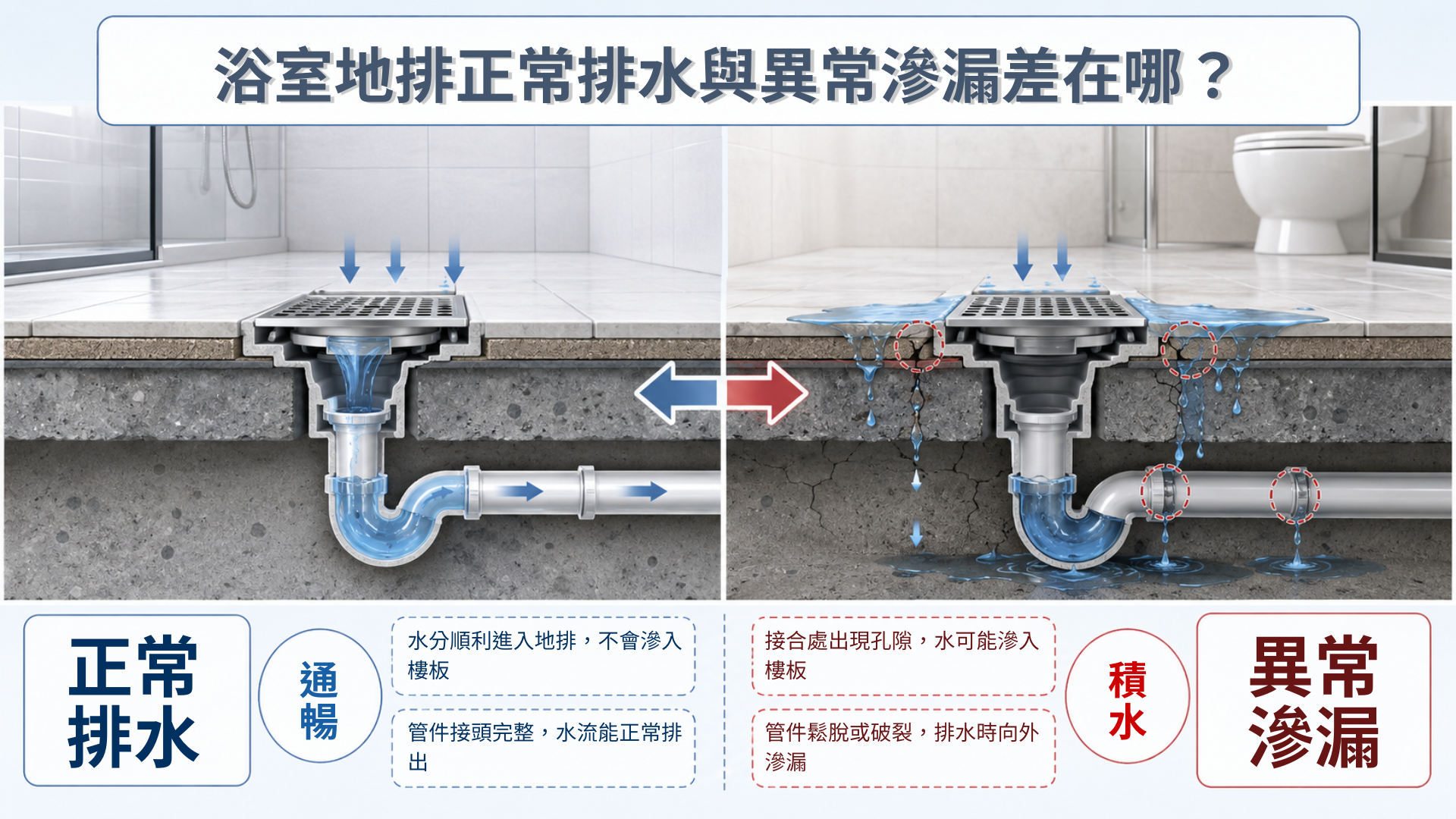 浴室地排與排水管接合處的示意圖，呈現排水異常、回堵與滲漏方向
