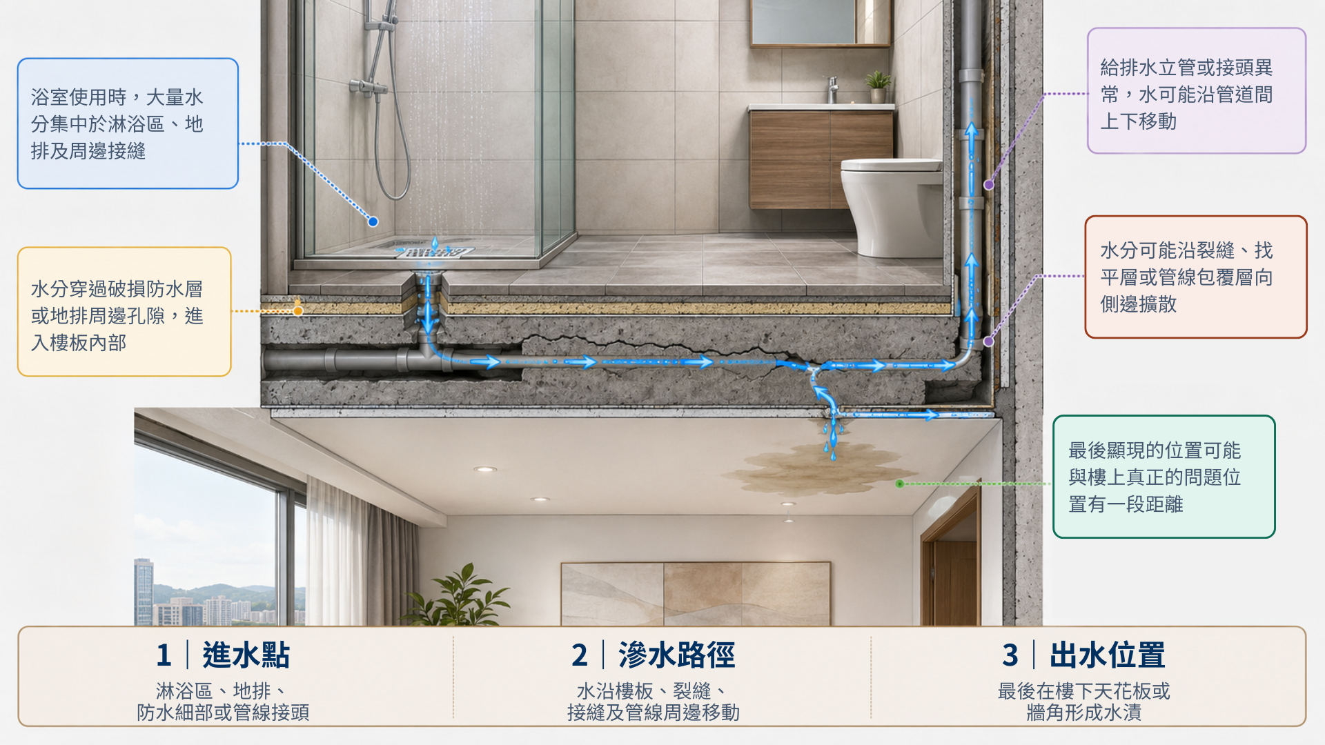 樓上浴室進水位置與樓下天花板出水位置不同的剖面示意圖。