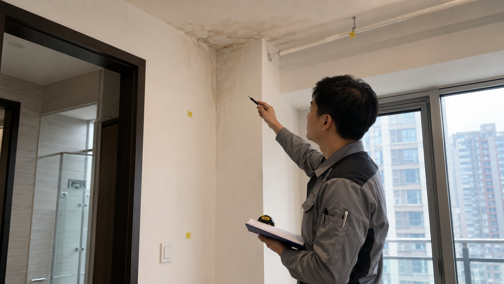 專業人員在住宅現場比對牆面、地坪與檢查資料，評估漏水後續修繕方向。
