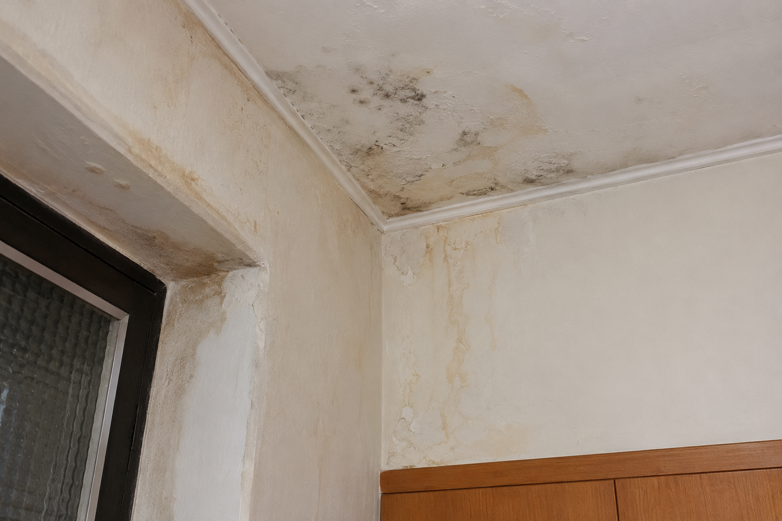 住宅天花板與牆角出現水痕、受潮與油漆起泡，呈現室內常見的漏水現場。
